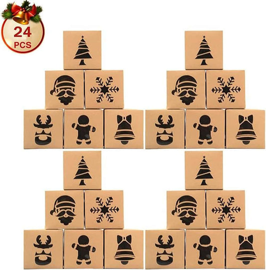 Set 24 cutii de Crăciun cu 6 modele de ferestre diferite - kraft