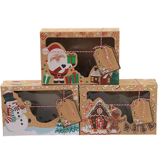 Set 6 cutii Crăciun 3 modele cu fereastră etichetă si sfoară - kraft