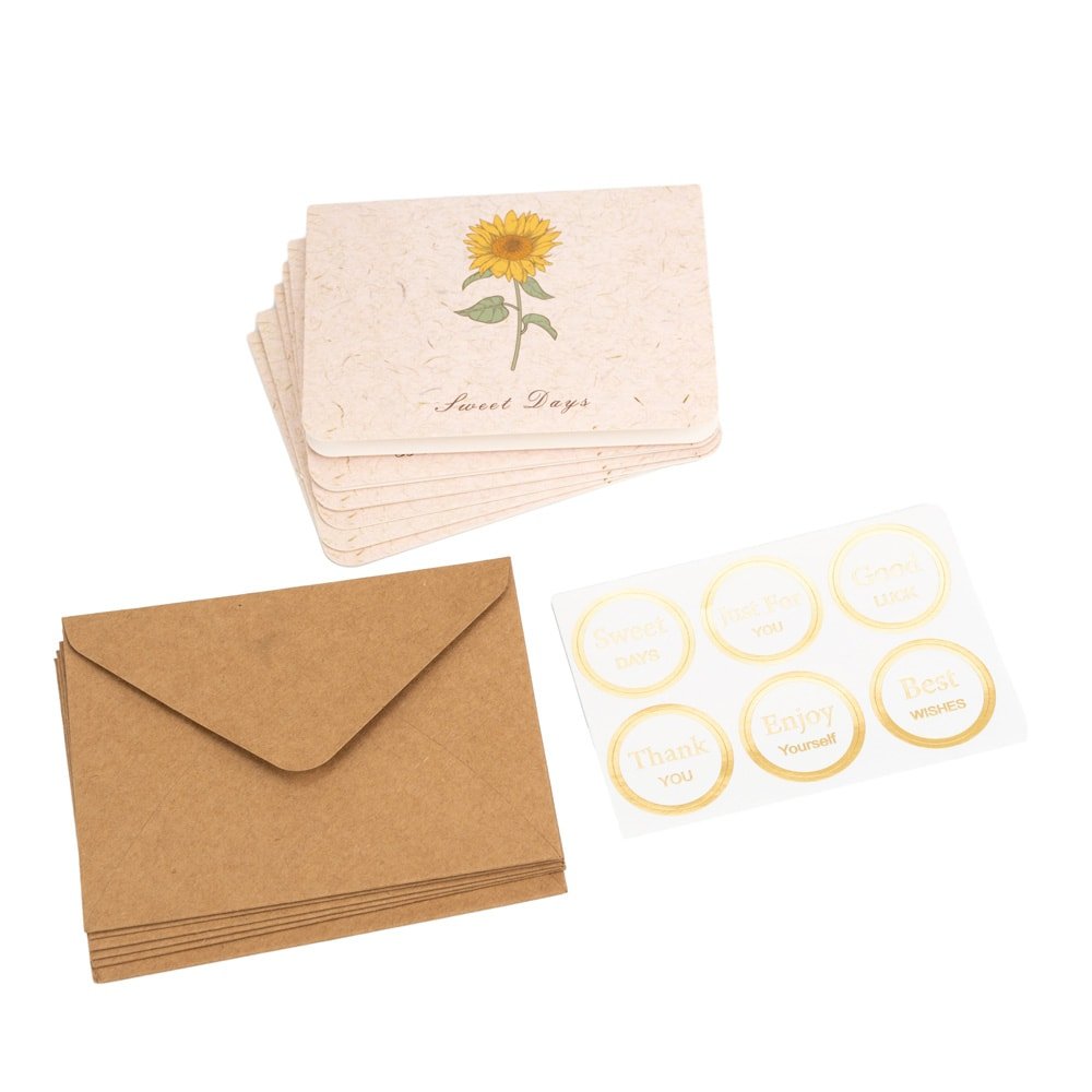 Set 6 felicitări diferite model floral cu text și sticker - bej