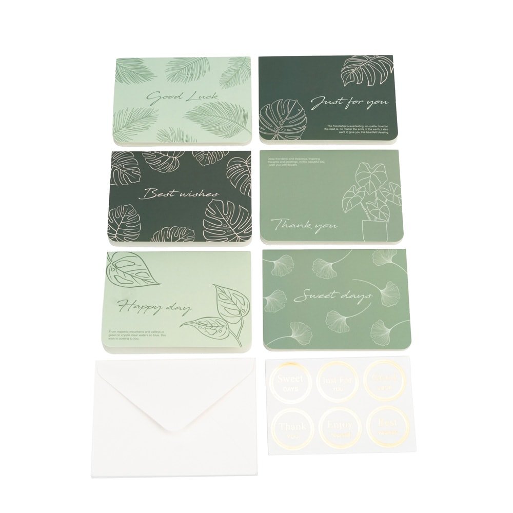 Set 6 felicitări diferite model floral cu text și sticker - verde
