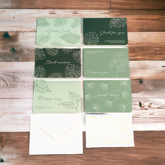 Set 6 felicitări diferite model floral cu text și sticker - verde