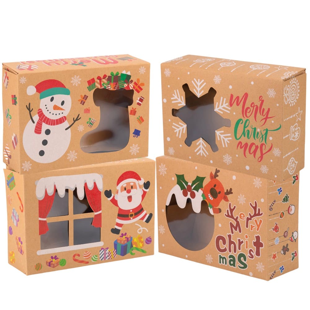 Set 8 cutii Crăciun 4 modele cu fereastră, etichetă si sfoară - kraft