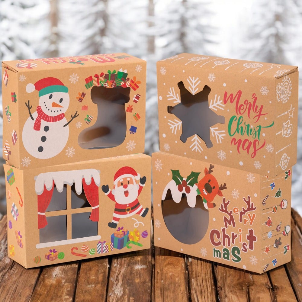 Set 8 cutii Crăciun 4 modele cu fereastră, etichetă si sfoară - kraft