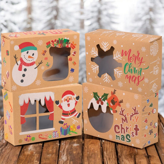 Set 8 cutii Crăciun 4 modele cu fereastră, etichetă si sfoară - kraft