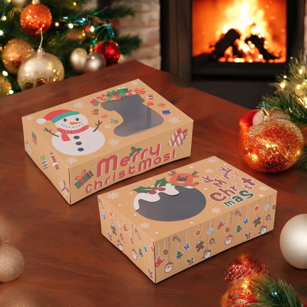 Set 8 cutii Crăciun 4 modele cu fereastră, etichetă si sfoară - kraft
