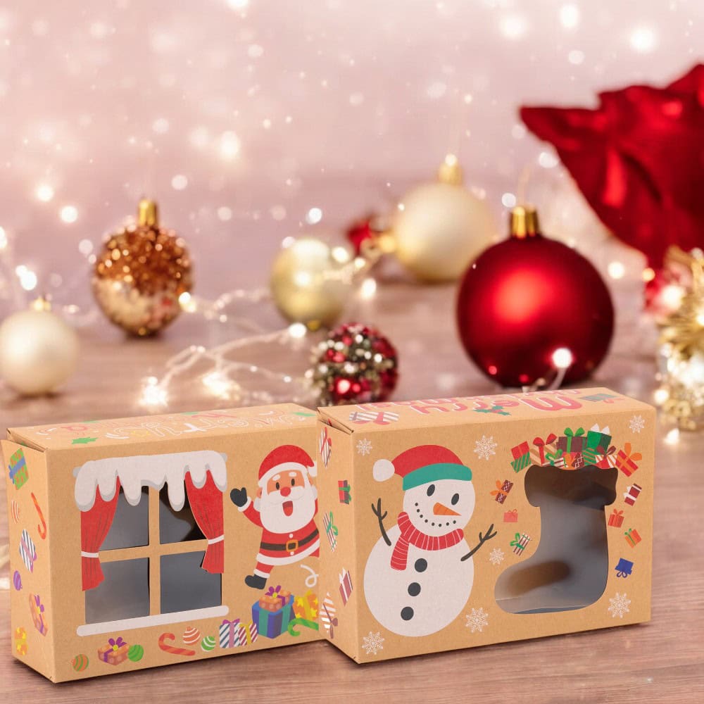 Set 8 cutii Crăciun 4 modele cu fereastră, etichetă si sfoară - kraft