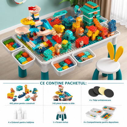 Masa Multifunctionala cu Piese Compatibile Lego Duplo, Set 61x41cm cu 442 Piese