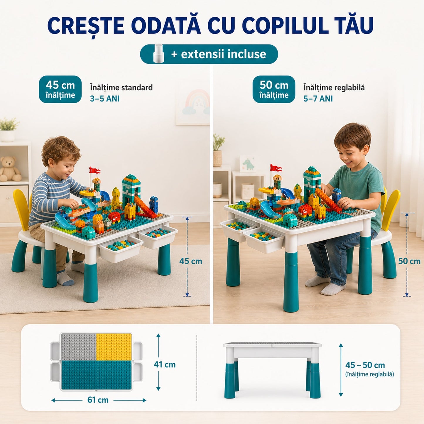 Masa Multifunctionala cu Piese Compatibile Lego Duplo, Set 61x41cm cu 442 Piese