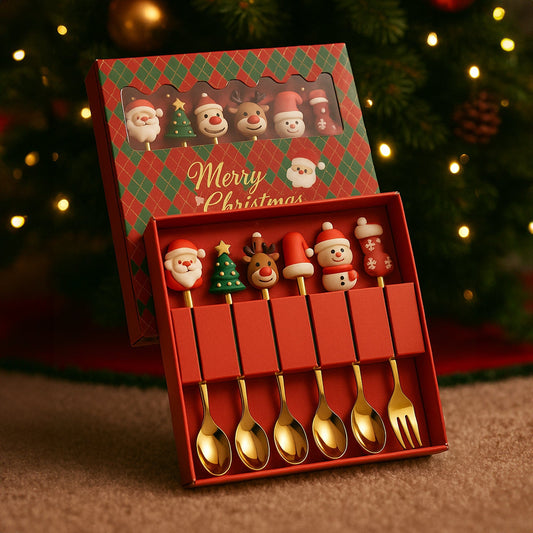 Set 6 Lingurite si Furculite Inox Craciun, Modele Festive cu Ren, Brad