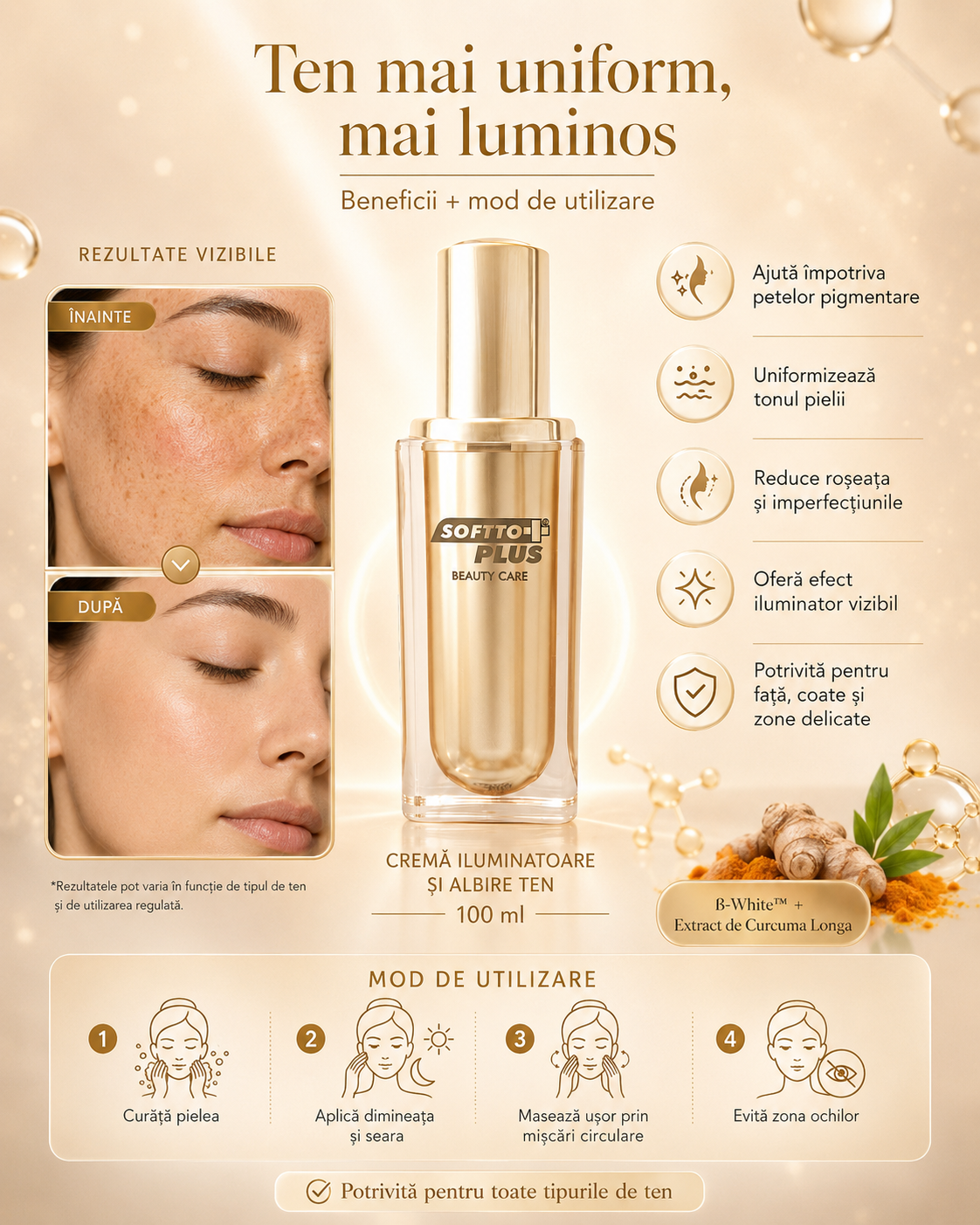 Cremă Iluminatoare și Albire Ten – 100 ml, Împotriva Petelor și Ton Uniform