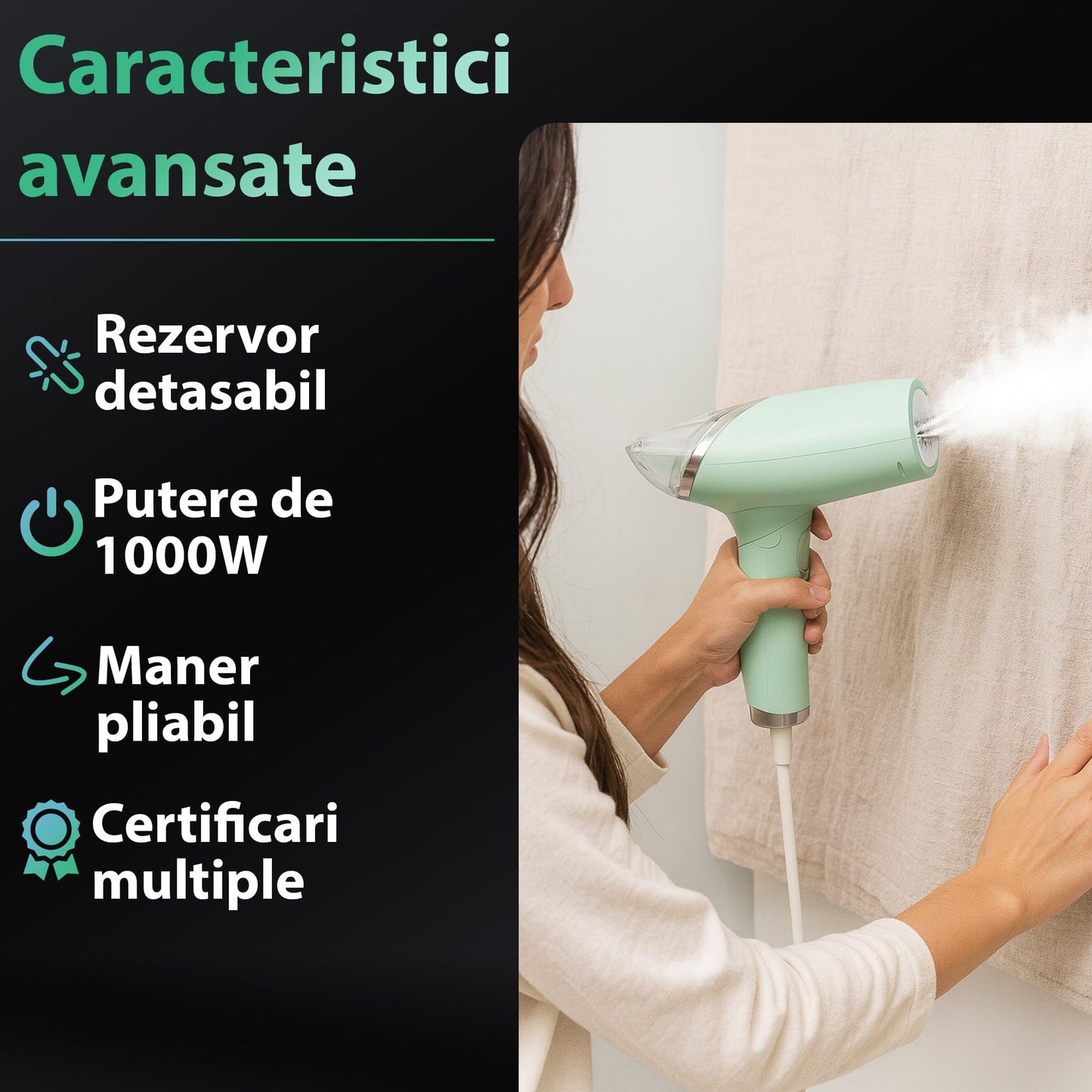 Steamer de Haine Portabil, 1000W, Compact si Pliabil, Verde