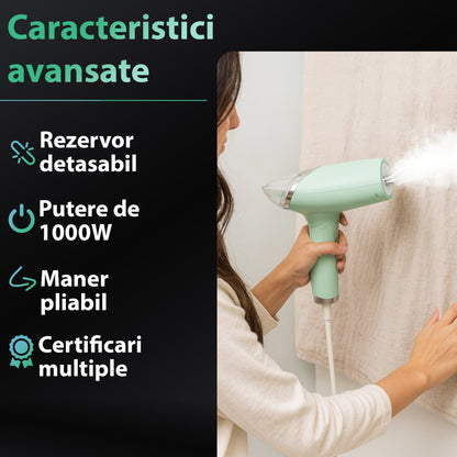 Steamer de Haine Portabil, 1000W, Compact si Pliabil, Verde
