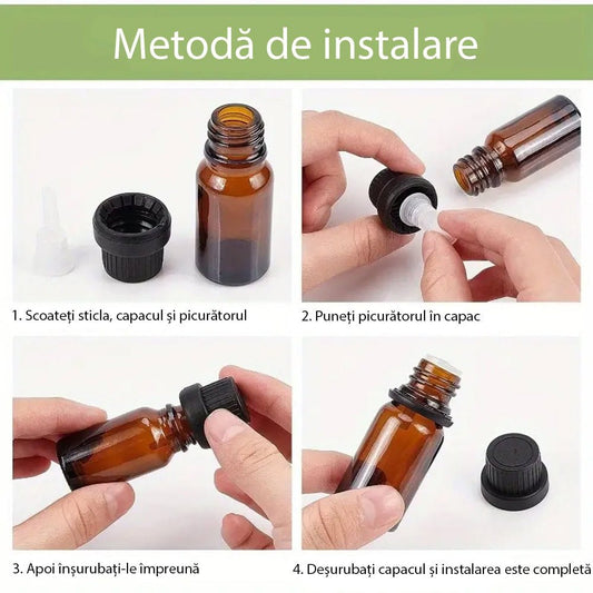 Sticluță ambră reutilizabilă cu picurător și capac negru cu inel sigiliu