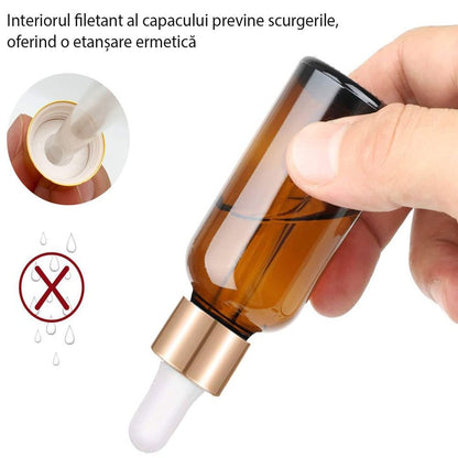 Sticluță ambră reutilizabilă cu pipetă și capac alb-auriu