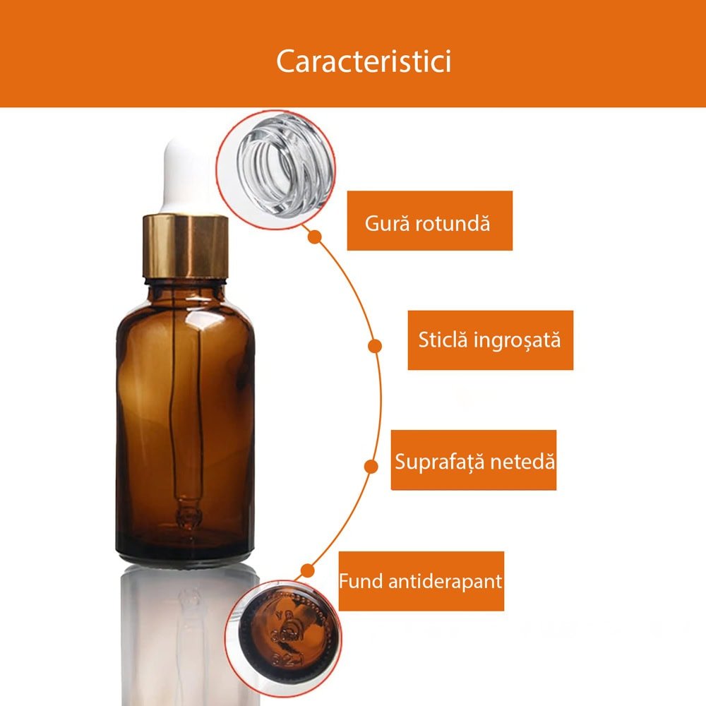 Sticluță ambră reutilizabilă cu pipetă și capac alb-auriu