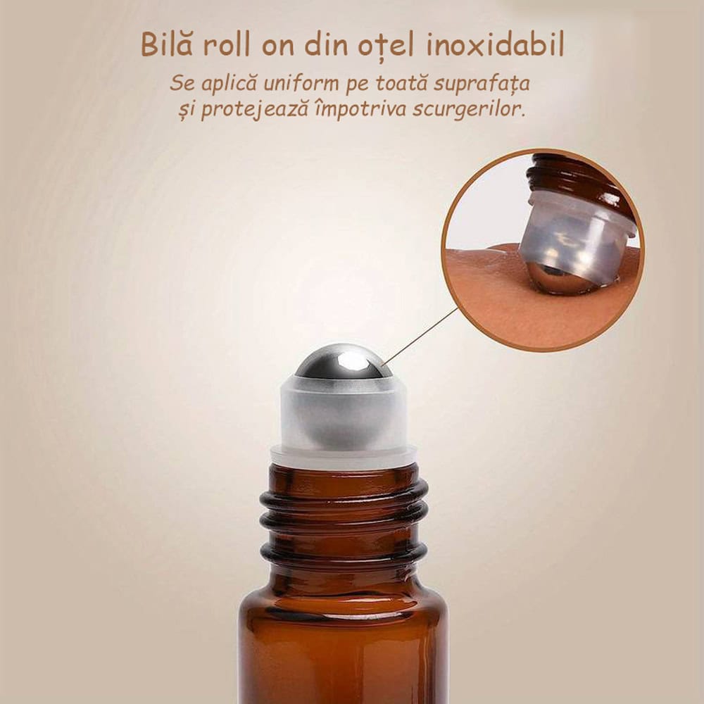 Sticluță ambră reutilizabilă cu roll on metalic și capac negru 10ml