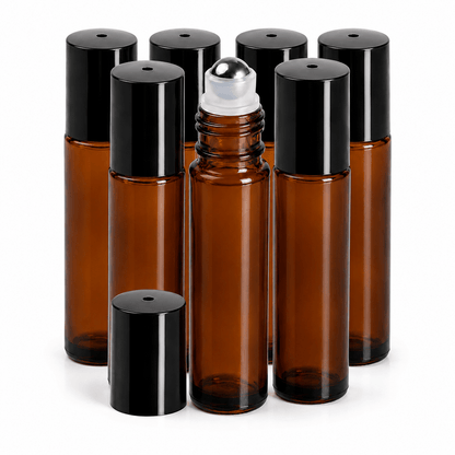 Sticluță ambră reutilizabilă cu roll on metalic și capac negru 10ml
