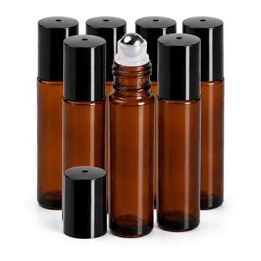 Sticluță ambră reutilizabilă cu roll on metalic și capac negru 10ml