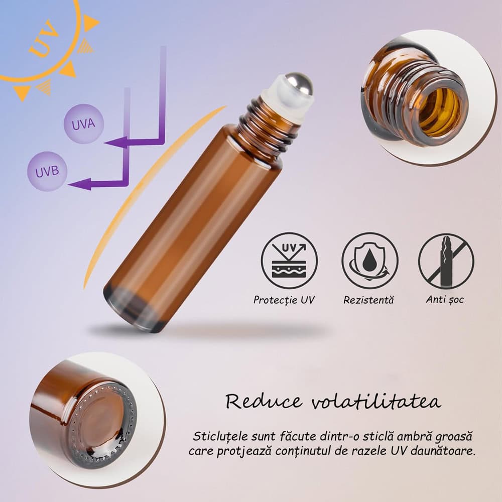 Sticluță ambră reutilizabilă cu roll on metalic și capac negru 10ml