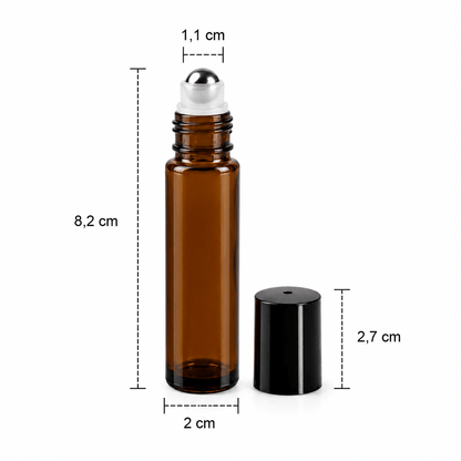 Sticluță ambră reutilizabilă cu roll on metalic și capac negru 10ml