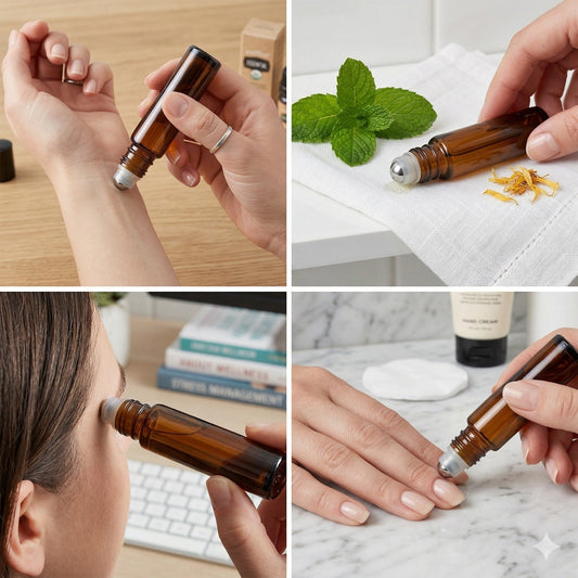 Sticluță ambră reutilizabilă cu roll on metalic și capac negru 10ml