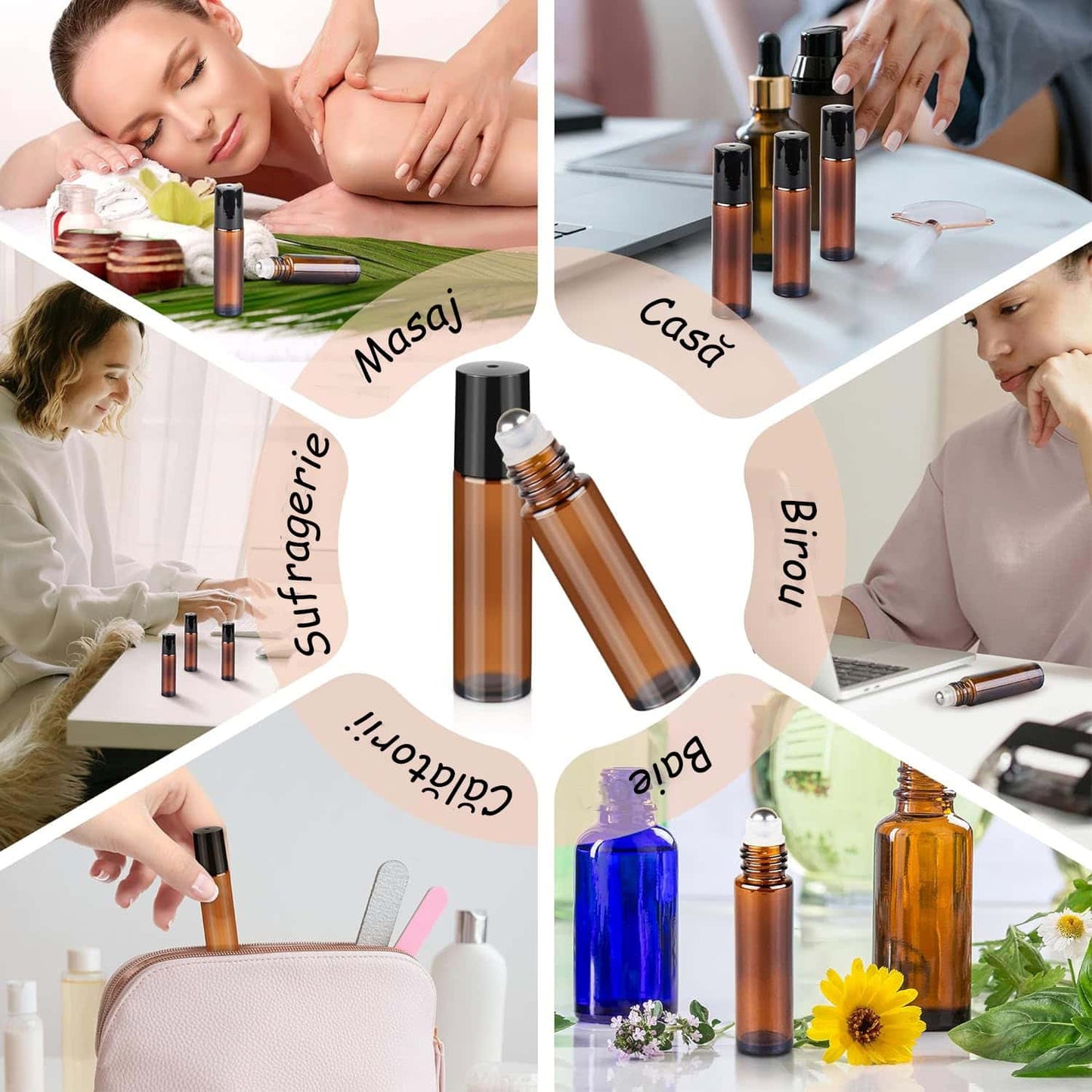 Sticluță ambră reutilizabilă cu roll on metalic și capac negru 10ml