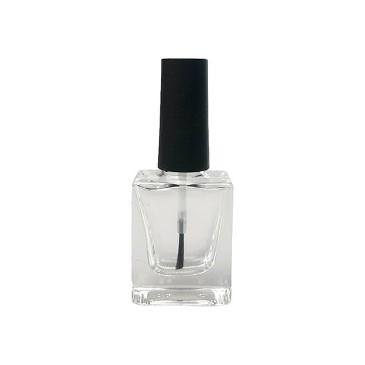 Sticluță transparentă pătrată cu pensulă ojă și capac negru 10ml