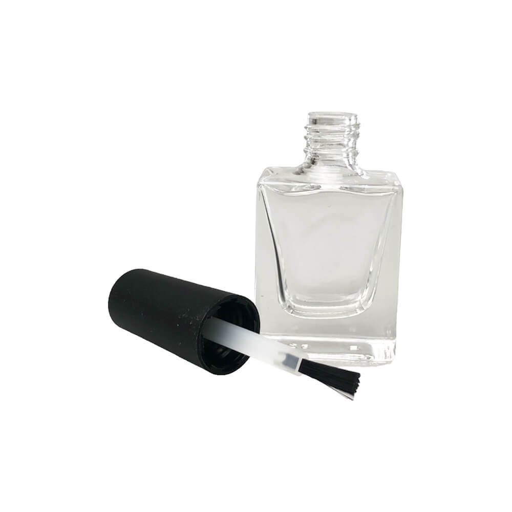 Sticluță transparentă pătrată cu pensulă ojă și capac negru 10ml