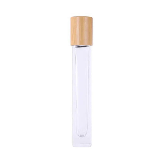 Sticluță transparentă reutilizabilă cu roll-on metalic și capac bambus