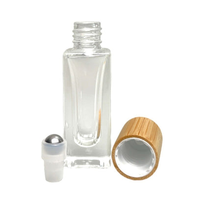 Sticluță transparentă reutilizabilă cu roll-on metalic și capac bambus