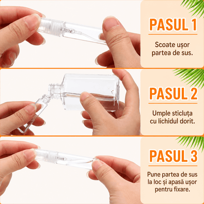 Sticluță transparentă reutilizabilă cu spray și capac