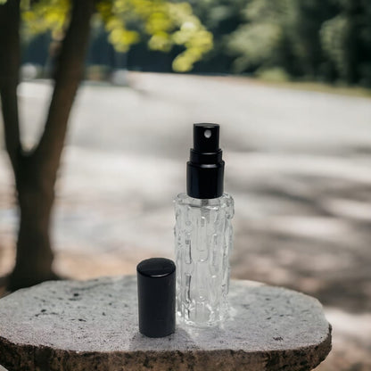 Sticluță transparentă reutilizabilă model liniar cu spray și capac negru 10 ml