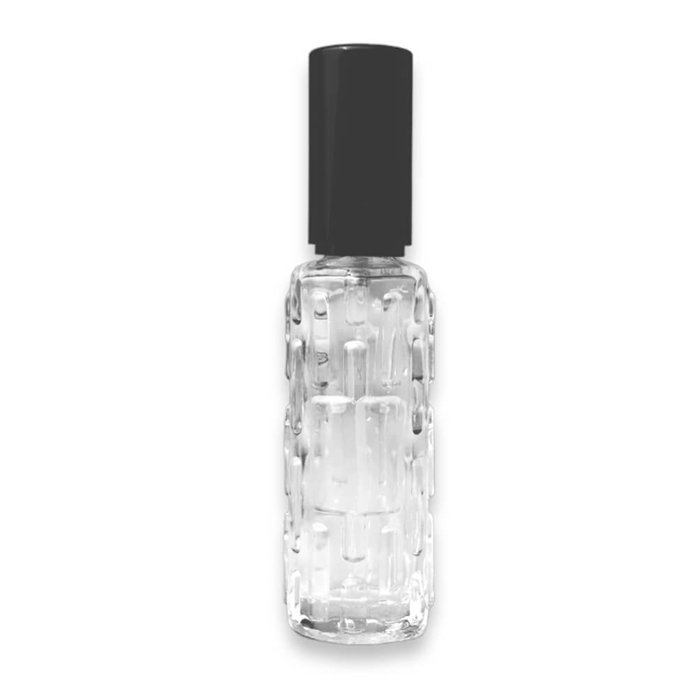 Sticluță transparentă reutilizabilă model liniar cu spray și capac negru 10 ml