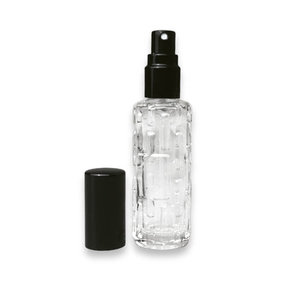 Sticluță transparentă reutilizabilă model liniar cu spray și capac negru 10 ml