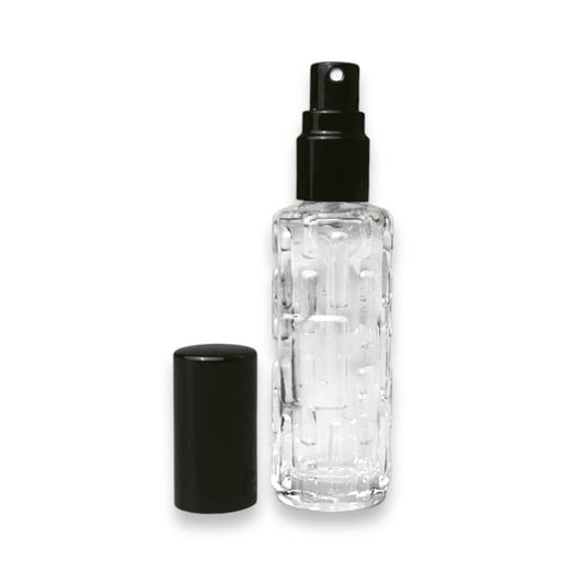 Sticluță transparentă reutilizabilă model liniar cu spray și capac negru 10 ml