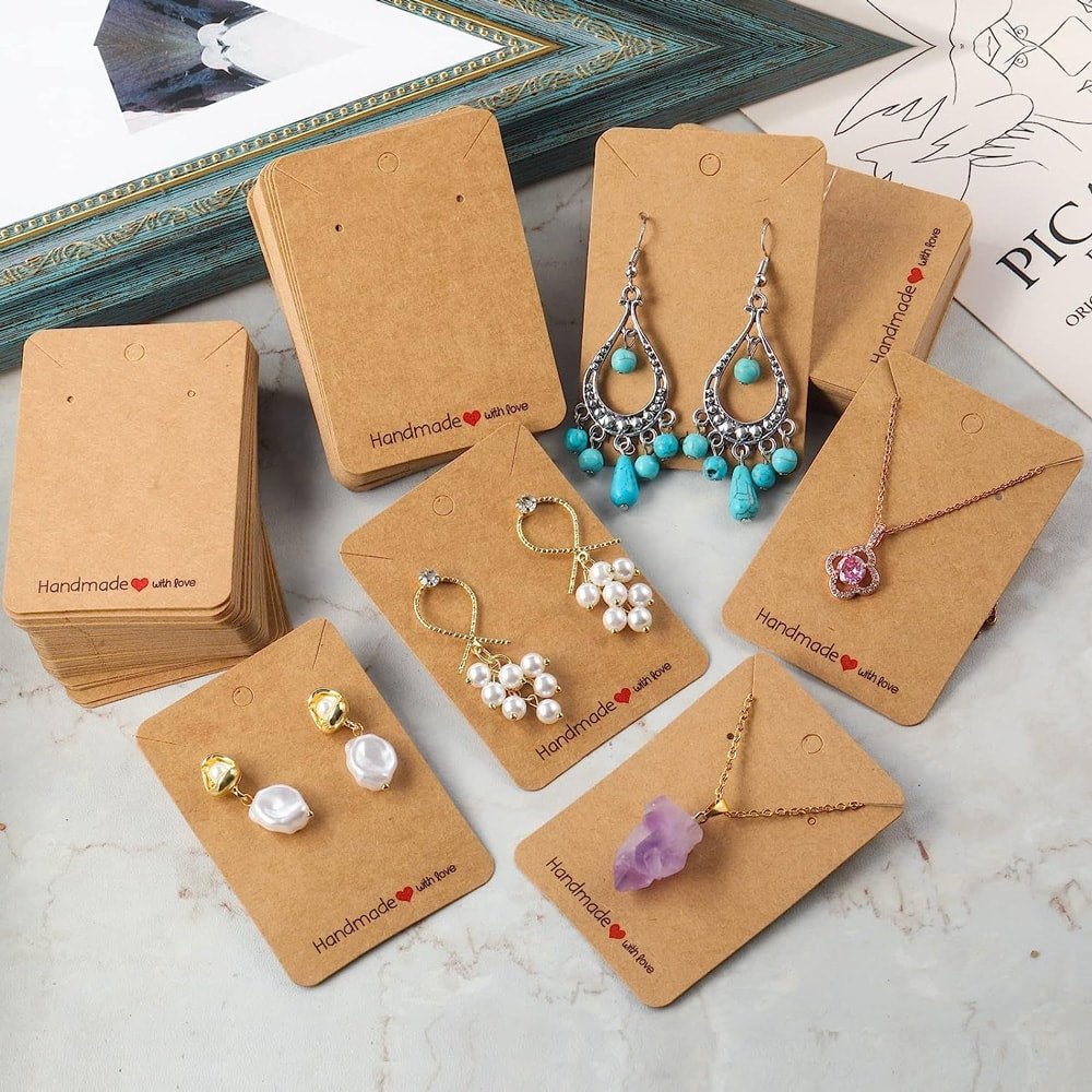Suport cercei și colier din hârtie cu mesaj Handmade - kraft (set 100 buc) 6x9cm