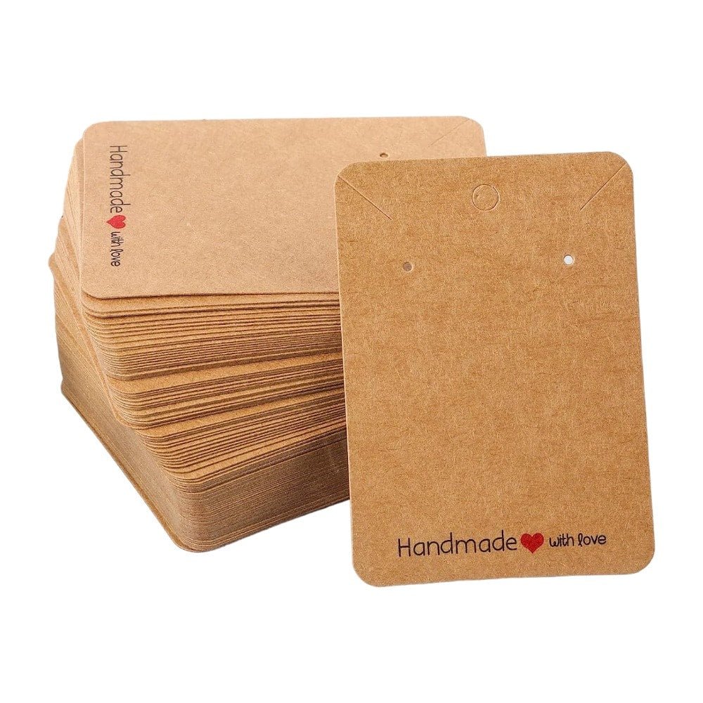 Suport cercei și colier din hârtie cu mesaj Handmade - kraft (set 100 buc) 6x9cm