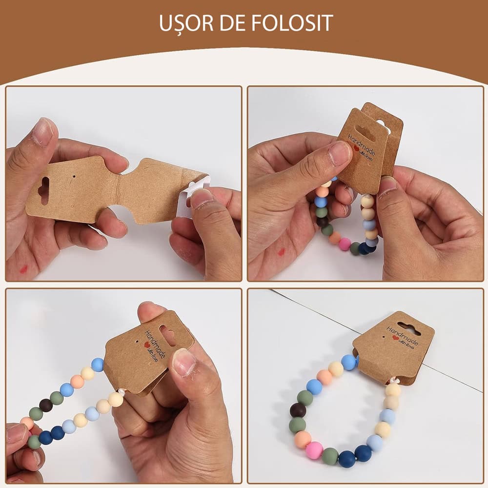 Suport în formă de trapez cu adeziv si mesaj Handmade with love - kraft (set 100 buc)