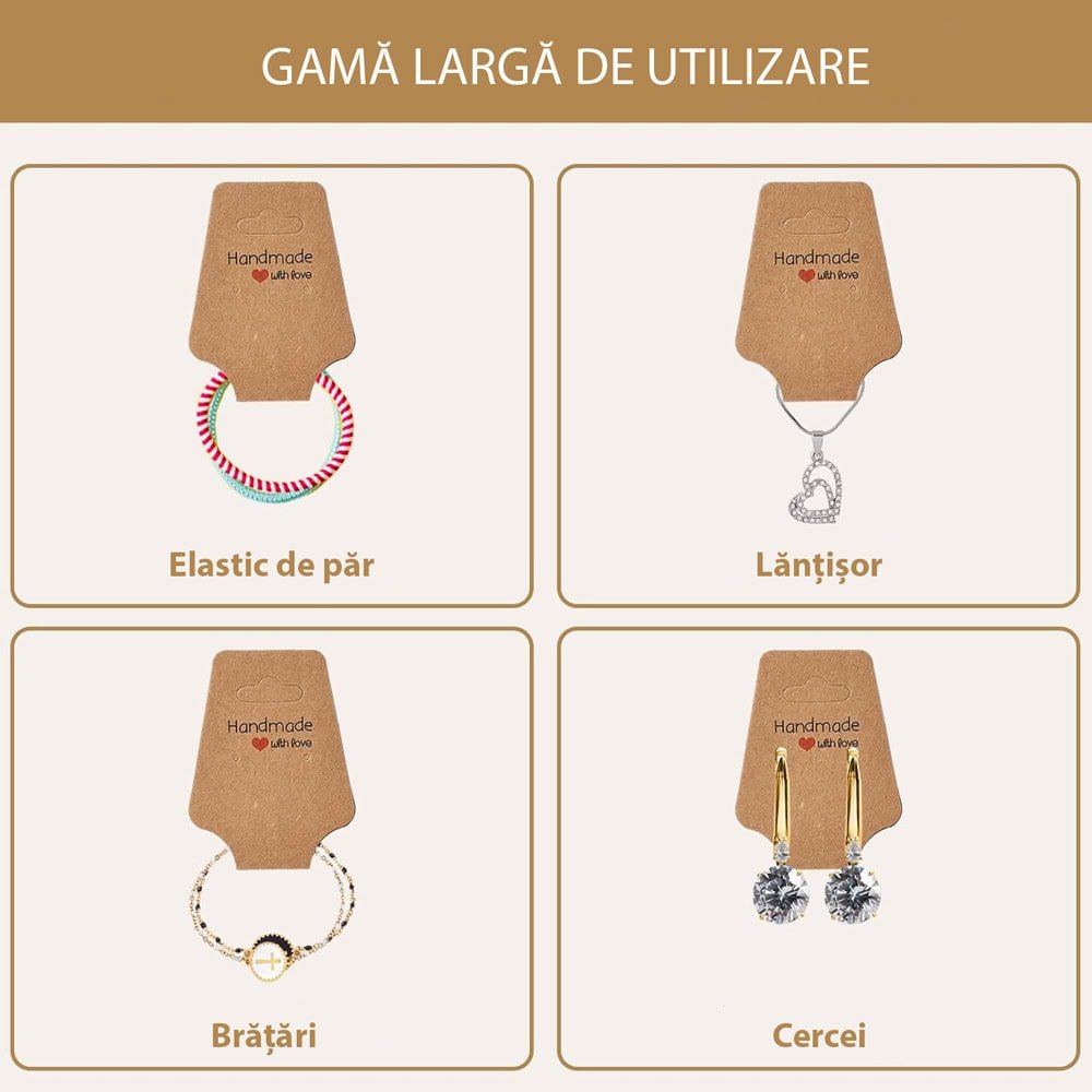 Suport în formă de trapez cu adeziv si mesaj Handmade with love - kraft (set 100 buc)