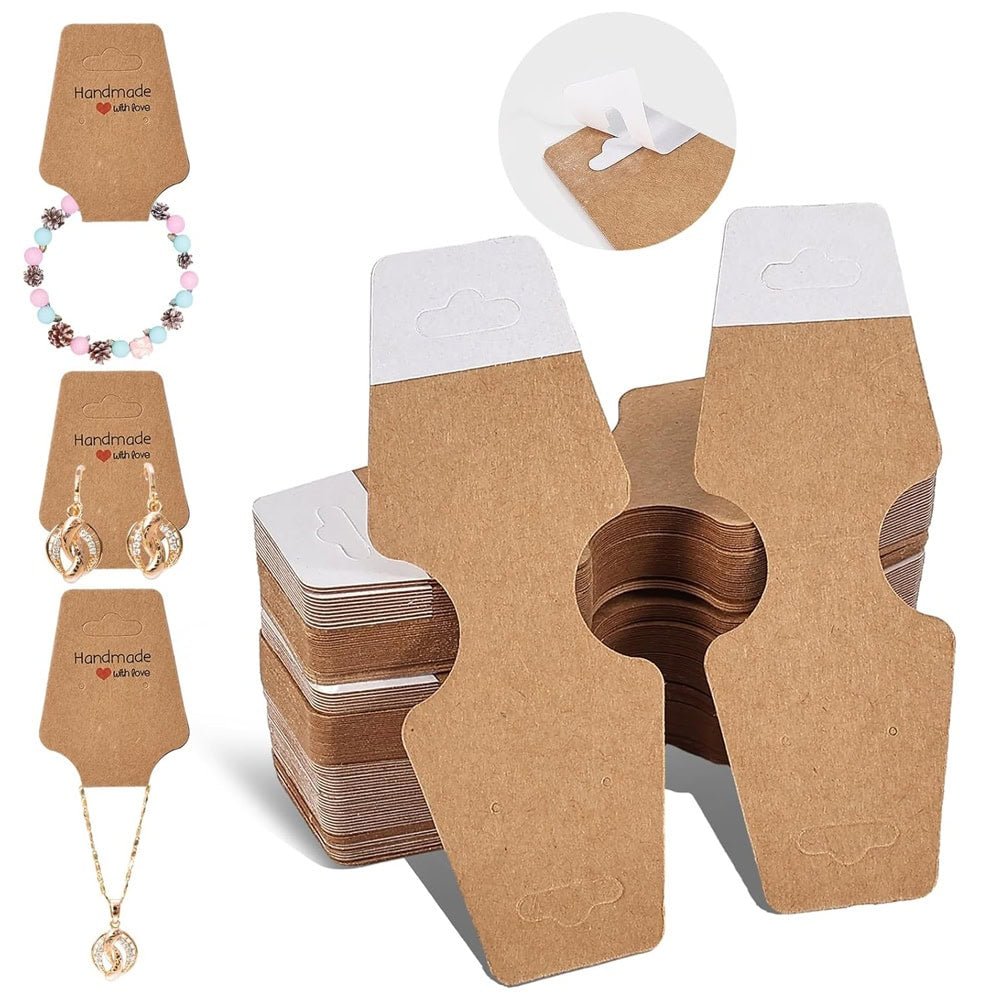 Suport în formă de trapez cu adeziv si mesaj Handmade with love - kraft (set 100 buc)