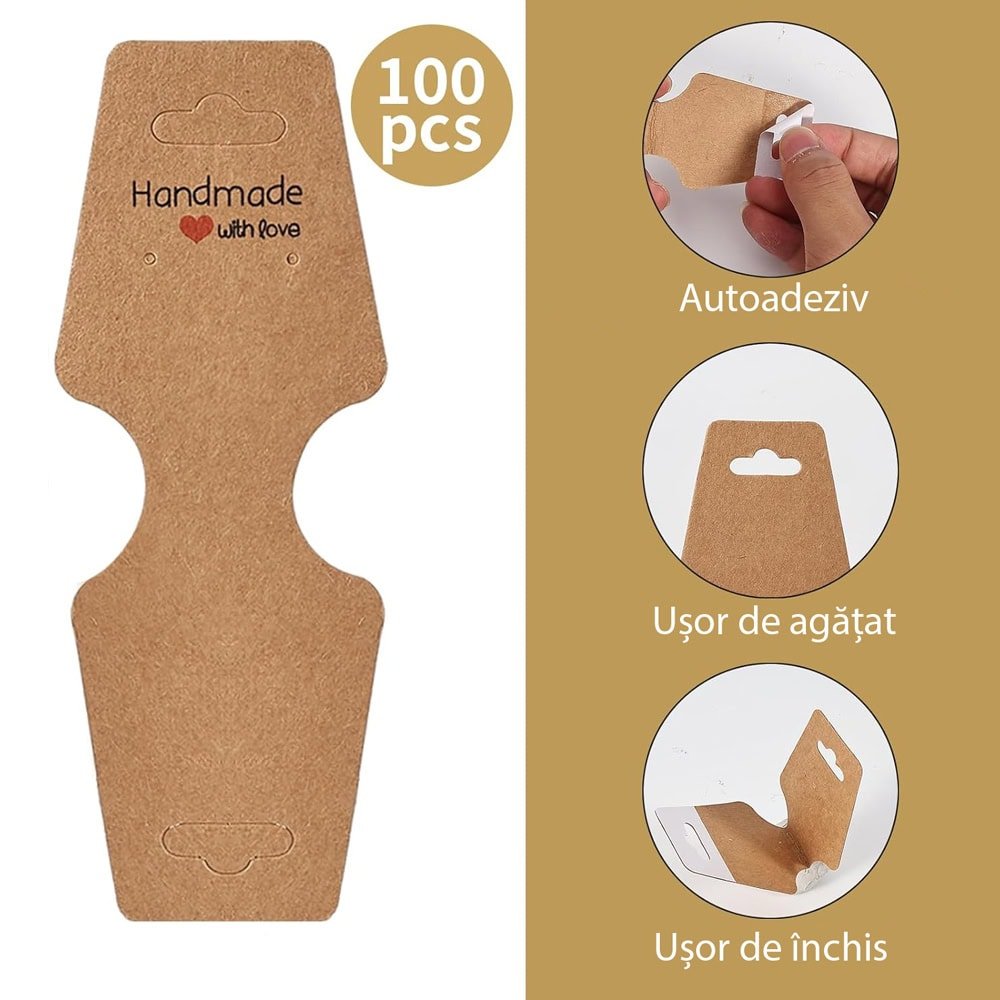 Suport în formă de trapez cu adeziv si mesaj Handmade with love - kraft (set 100 buc)