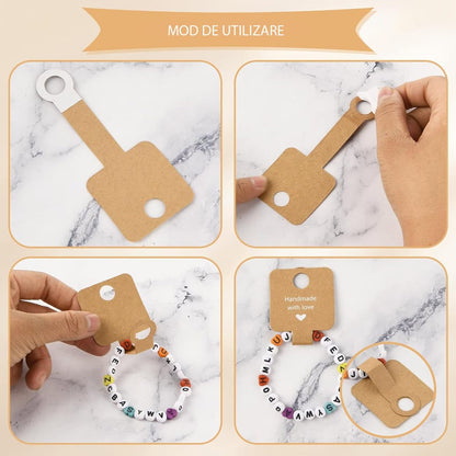 Suport pătrat cu adeziv și mesaj Handmade with love - kraft (set 100 buc)