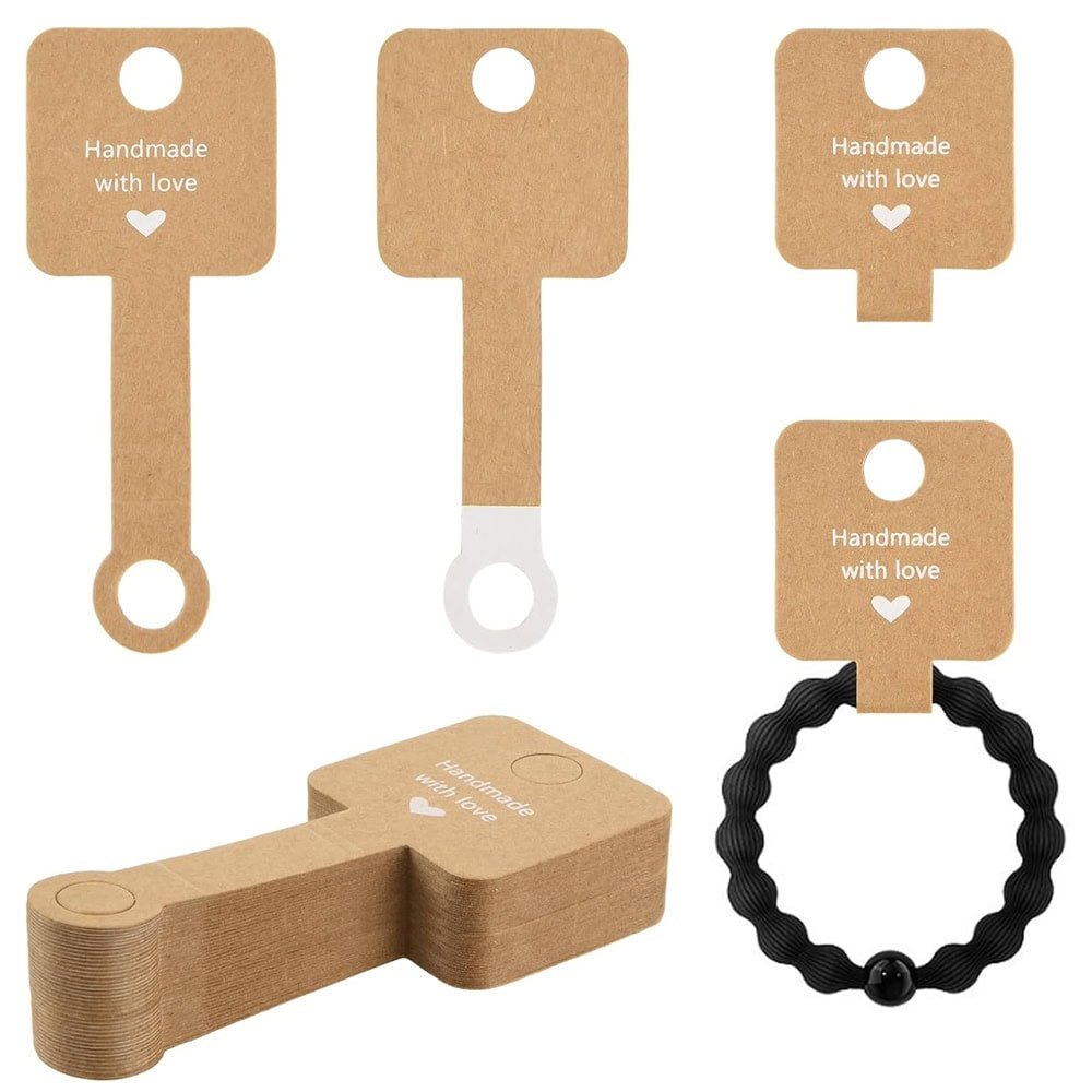 Suport pătrat cu adeziv și mesaj Handmade with love - kraft (set 100 buc)