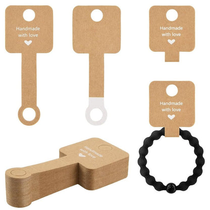 Suport pătrat cu adeziv și mesaj Handmade with love - kraft (set 100 buc)