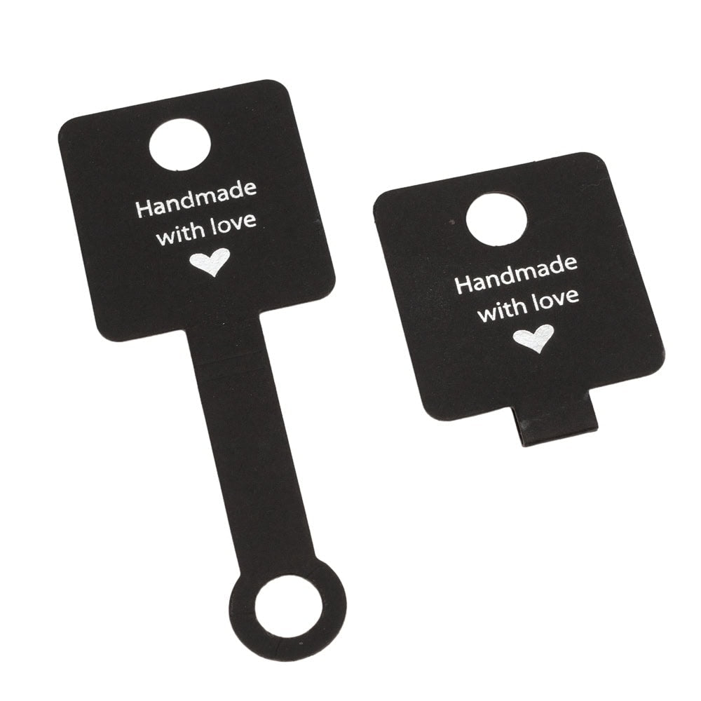 Suport pătrat cu adeziv și mesaj Handmade with love - negru (set 100 buc)