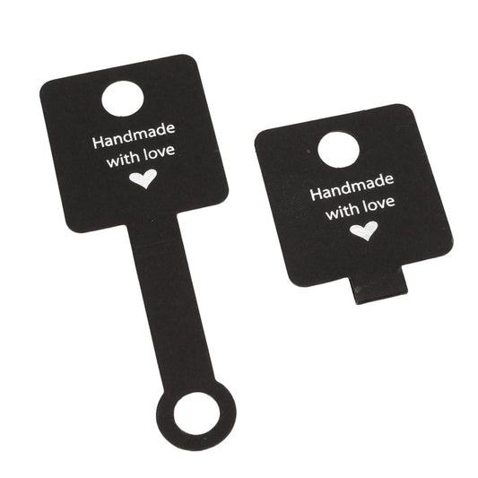 Suport pătrat cu adeziv și mesaj Handmade with love - negru (set 100 buc)