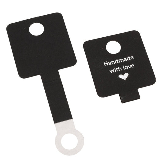 Suport pătrat cu adeziv și mesaj Handmade with love - negru (set 100 buc)