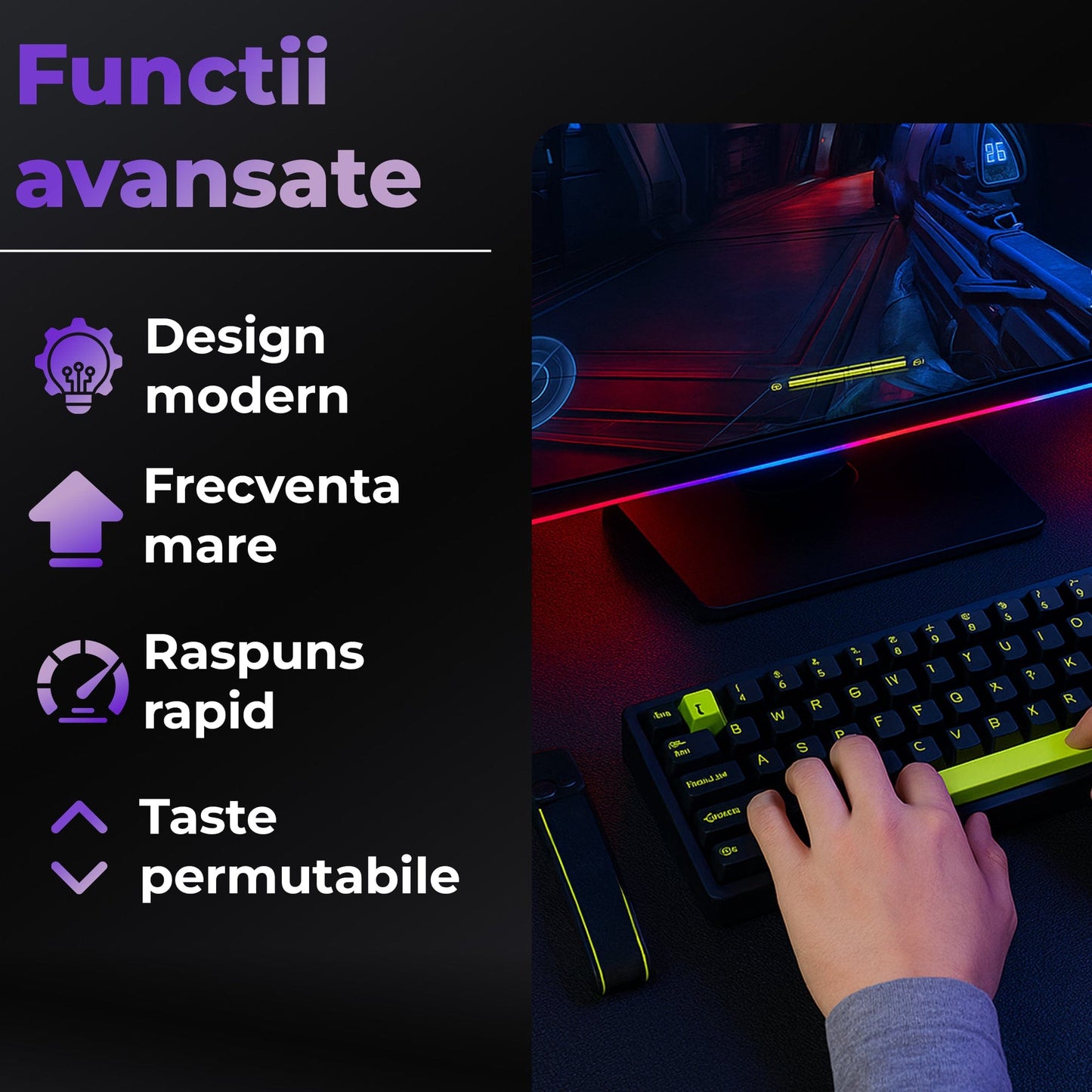 Tastatura gaming Timebox, 68 taste, Switch-uri magnetice Hall-Effect, Negru