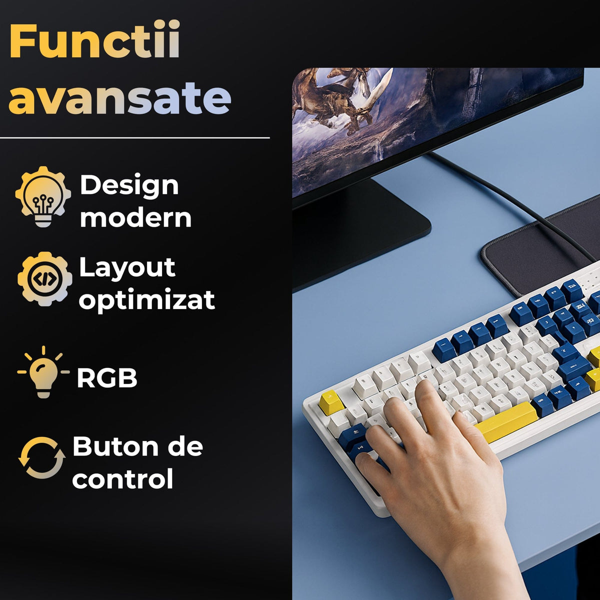 Tastatura cu fir Timebox, Iluminare RGB, Cablu 1, 5 m, Plastic ABS, Galben
