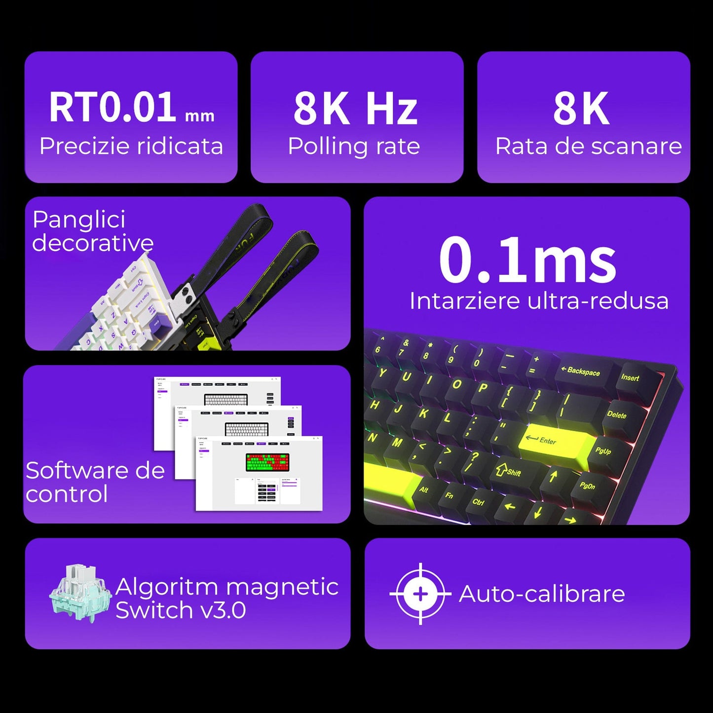 Tastatura gaming Timebox, 68 taste, Switch-uri magnetice Hall-Effect, Negru